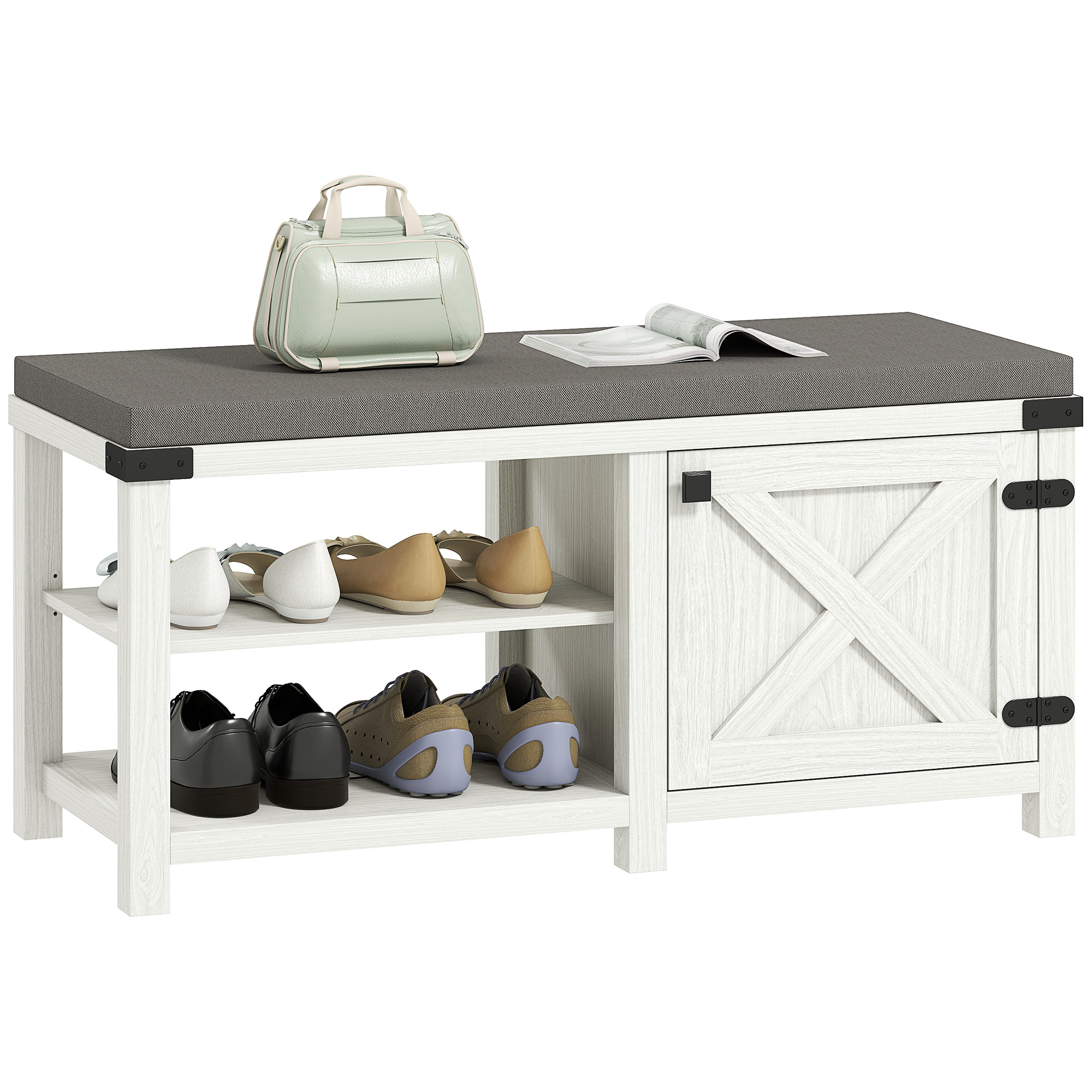 HOMCOM Banco Zapatero Rústico Zapatero con Asiento Organizador de Zapatos con Compartimentos Cojín para 7 Pares de Zapatos para Entrada Salón Dormitorio 100x40x48 cm Blanco Grisáceo y Gris
