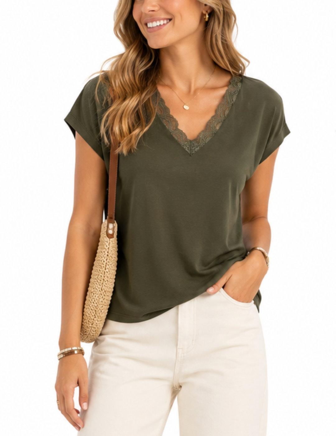 Camiseta básica Vila Modala verde manga corta para mujer