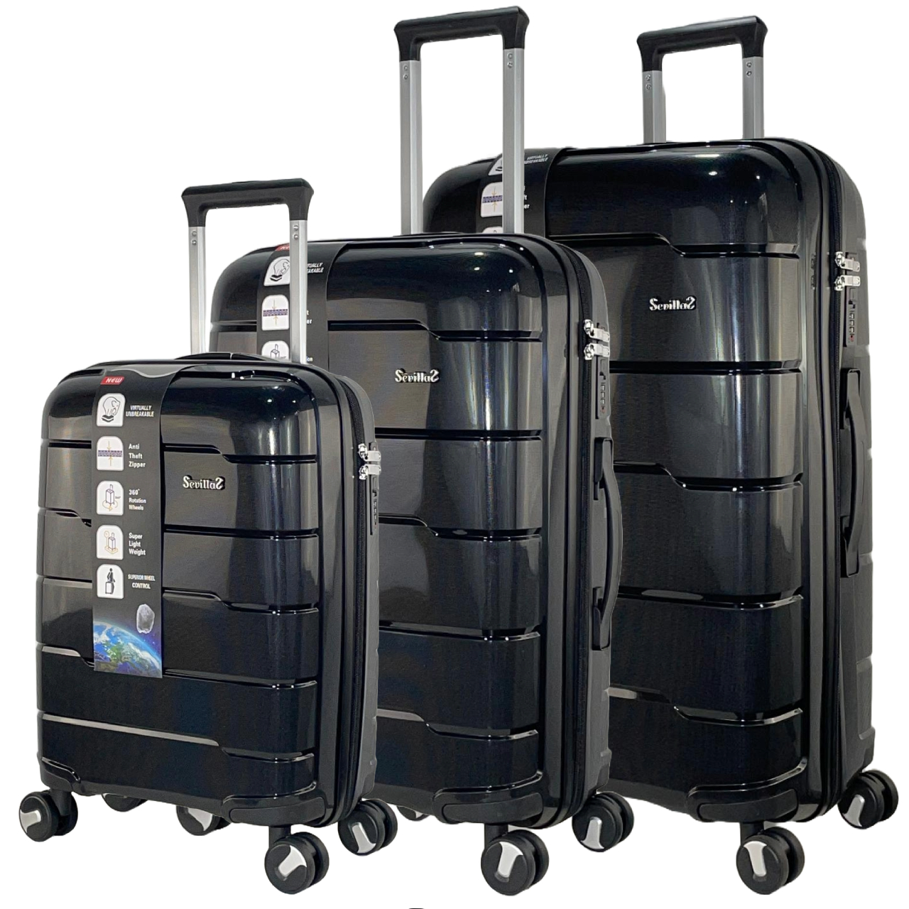 Conjunto de Maletas de Viaje SEVILLAS: Carcasa polipropileno, Cerradura TSA, 8 Ruedas Giratorias 360°, Asa Telescópica