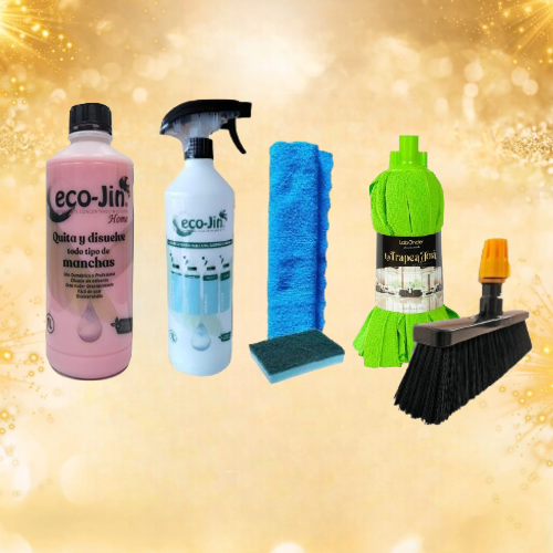 PACK LIMPIEZA ECO-JIN MULTISUPERFICIES FORMADO POR ESCOBA PARA INTERIORES + AROMA A ELEGIR + FREGONA A ELGIR + DIFUSOR + BAYETA Y ESTROPAJO CON ESPONJA