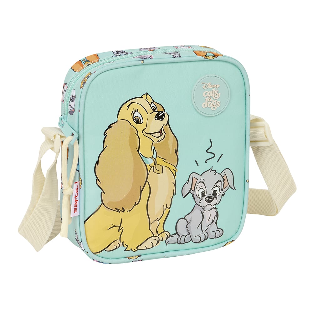 SAFTA | Bandolera Infantil Cats & Dogs Tipo Bolsito 16 x 18 x 4 Cm, Correa Ajustable y Cierre con Cremallera, Compartimento Principal para Merienda y Accesorios, Color Verde Agua con Ilustración de Perros