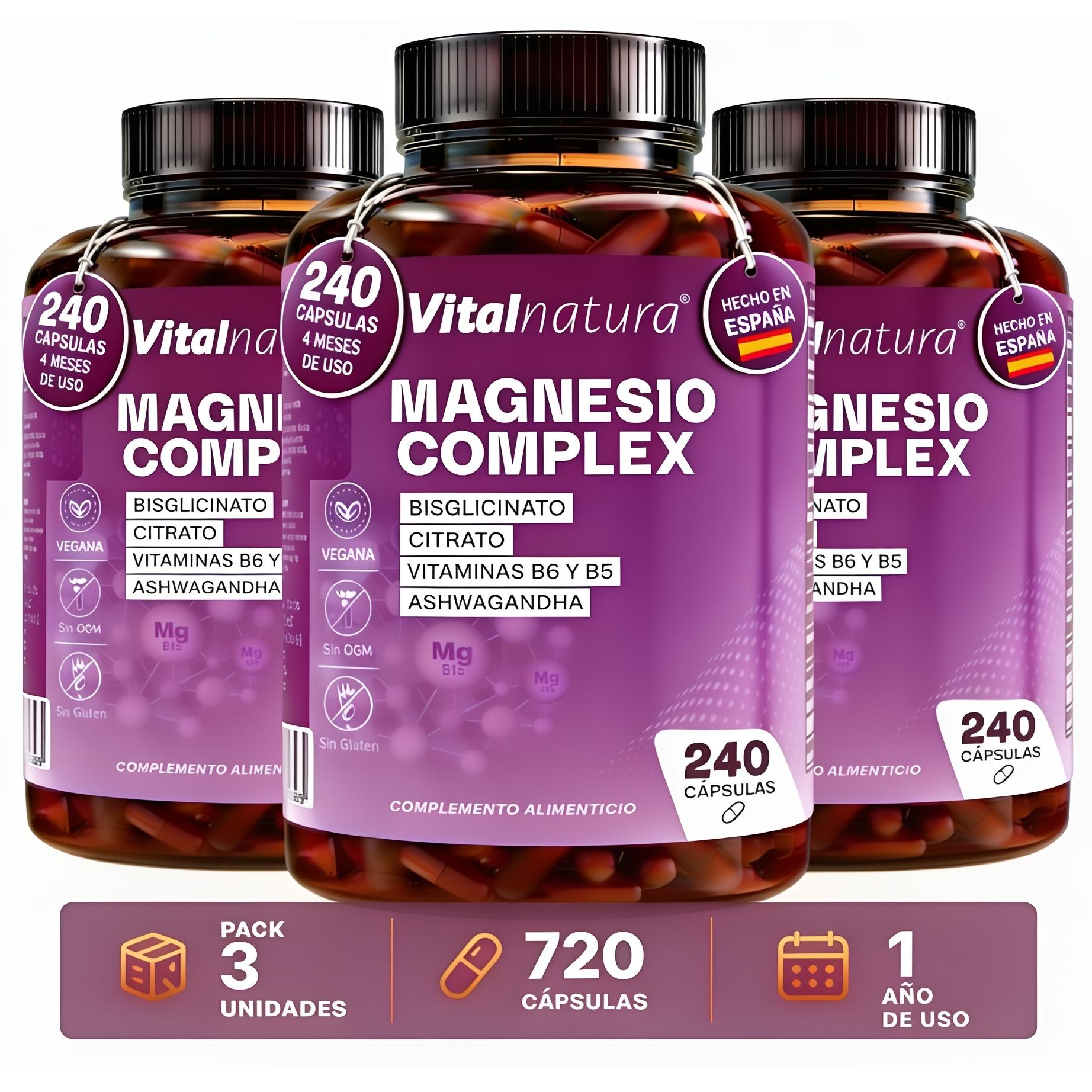 Magnesio Complex Vitalnatura con Citrato y Bisglicinato + Ashwagandha y Vitaminas B5 y B6 720 Cápsulas