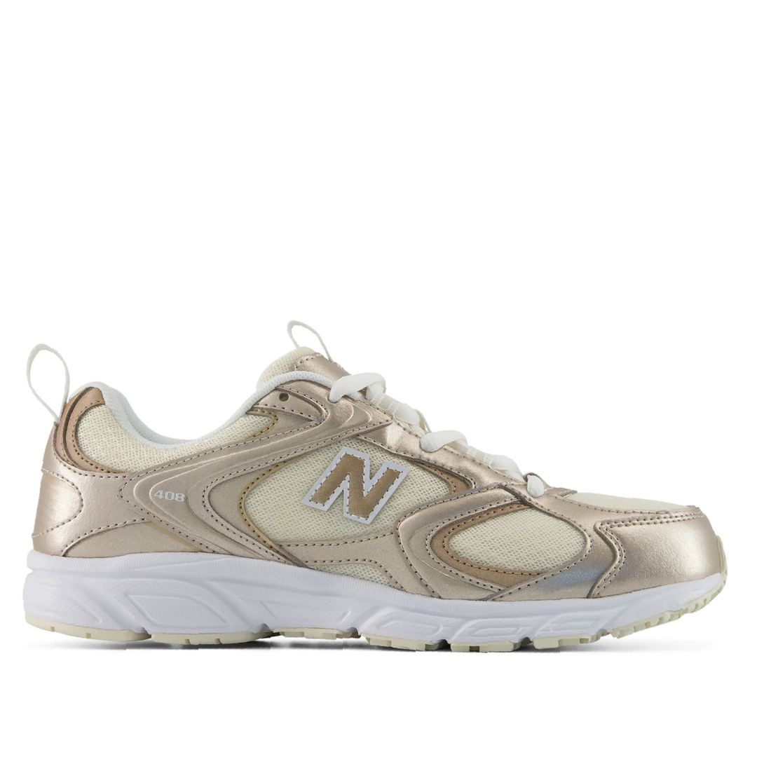 Zapatillas deportivas New Balance 408 blancas y plateadas con detalles negros