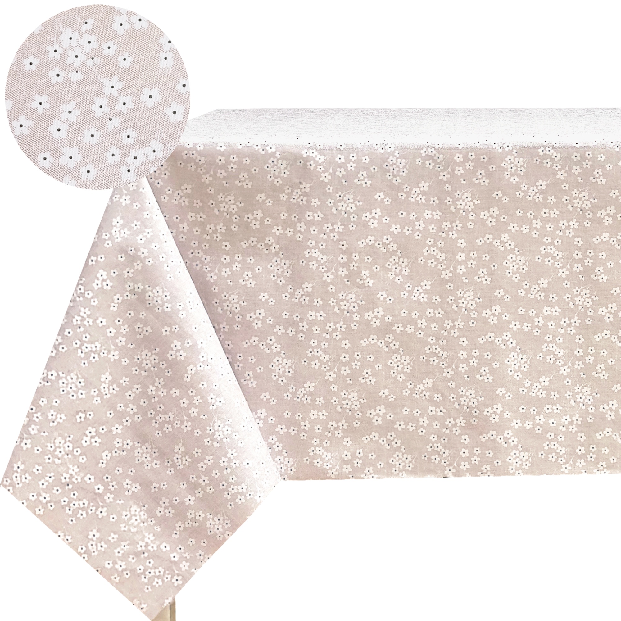 Mantel de Hule PVC con Flores Pequeñas, Gris o Beige, Ancho 140 cm, Varias Medidas para Cocina y Comedor