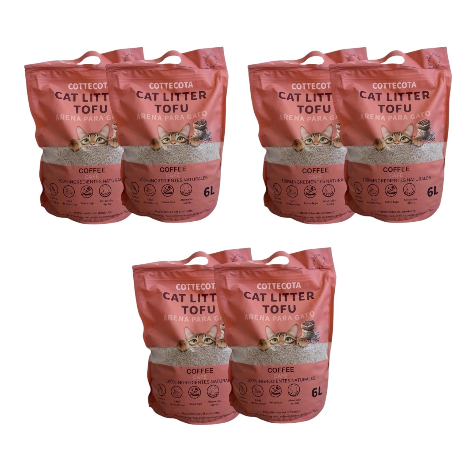 Arena de Tofu para Gatos Pack 6 Bolsas x 6L, T Arena Vegetal Aglomerante Natural Biodegradable Sin Polvo Ultra Absorbente Antiolor Lecho Higiénico para Gato Fibra de Soja Desechable WC Control Olor Vainilla Lavanda Café