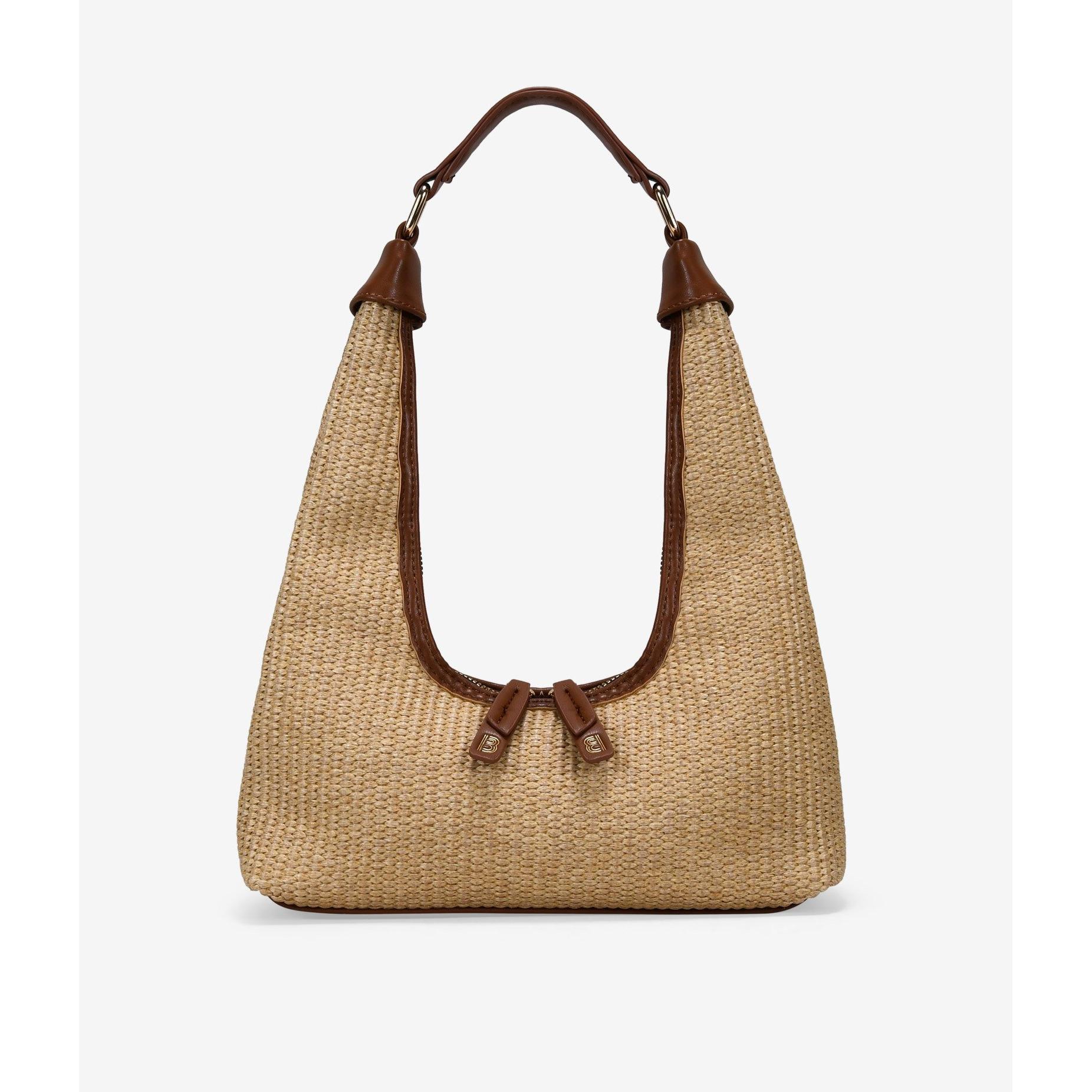 Bosanova Bolso de hombro en rafia color tostado para mujer con asa de colgar con dos metales decorativos. Cierre con cremallera metálica y doble tirador.
