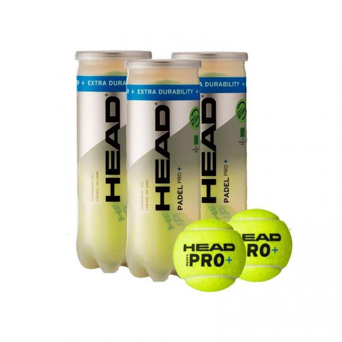 Pelota de pádel HEAD PRO +, pack de 3 botes, la NUEVA HEAD PRO +, Nueva fórmula para el núcleo que mantiene la presión durante más tiempo, siente la nueva Pro+ en cada golpeo, la bola oficial de la mayoría de competiciones federadas en el 2025