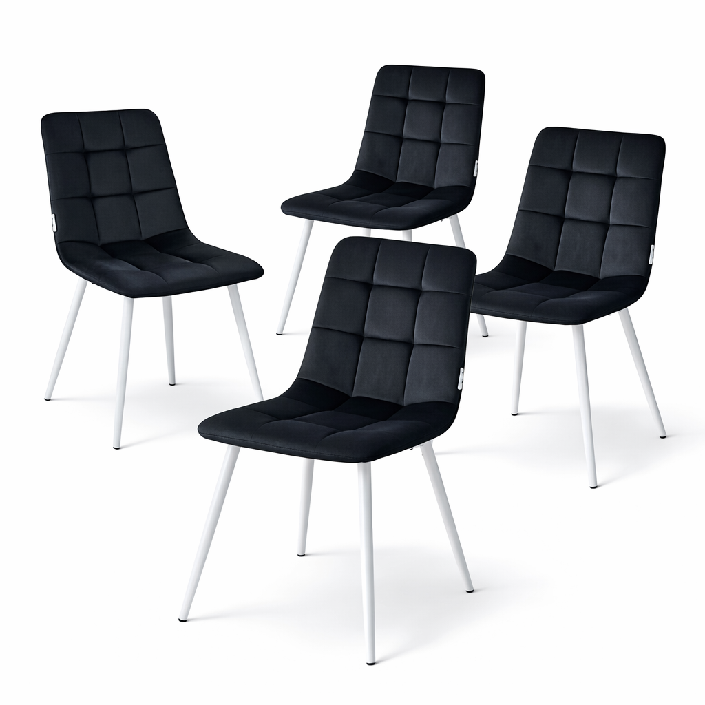 Minimal DECO Pack de 4 Sillas de Comedor Modernas Color Negro Tapizadas en Terciopelo Acolchado con Patas Metálicas Blancas o Negras, Diseño Nórdico Elegante con Respaldo Ergonómico para Cocina, Salón y Comedor Moderno 54x44x90 cm