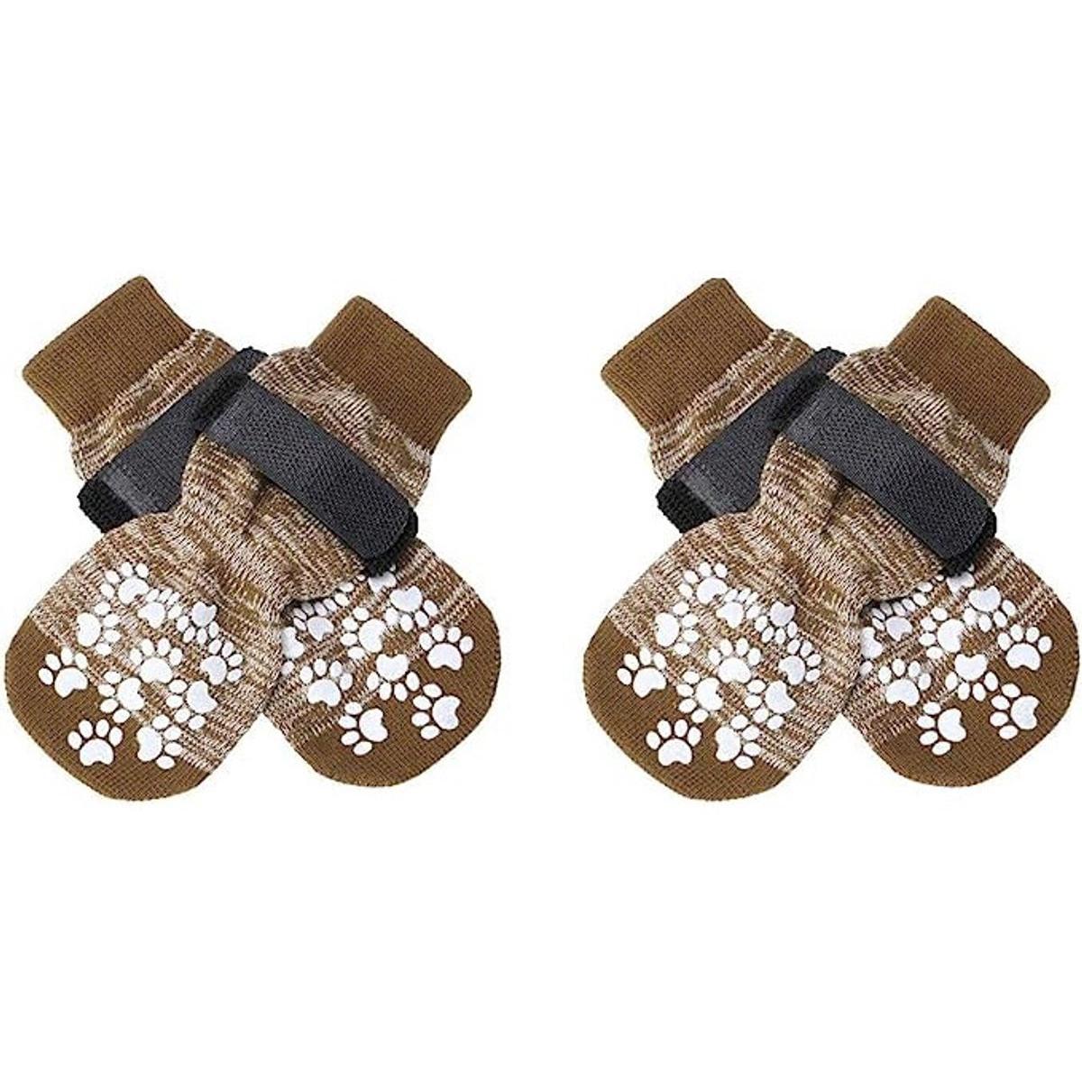 4 stuks antislip hondensokken met verstelbare riem, zachte katoenen pootbescherming en krasbestendig voor kleine en grote honden, binnen en buiten, gradiënt bruin,S