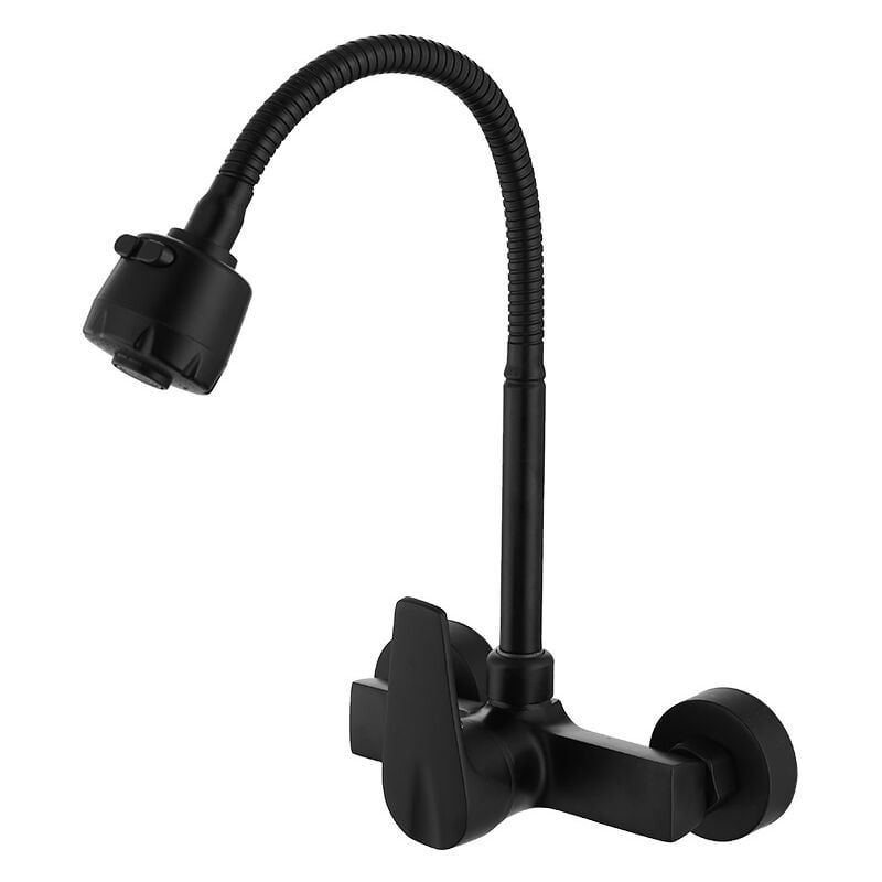 CA Grifo de cocina de pared giratorio 360°, mezclador de fregadero de latón negro, caño giratorio, manguera flexible, brazo giratorio, cabezal rociador y aireador.