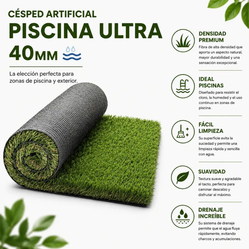 Arquiservi - Césped artificial Piscina Ultra 40mm Alta Densidad, Resistente UV, Fácil Instalación para Jardín, Terraza y Piscina