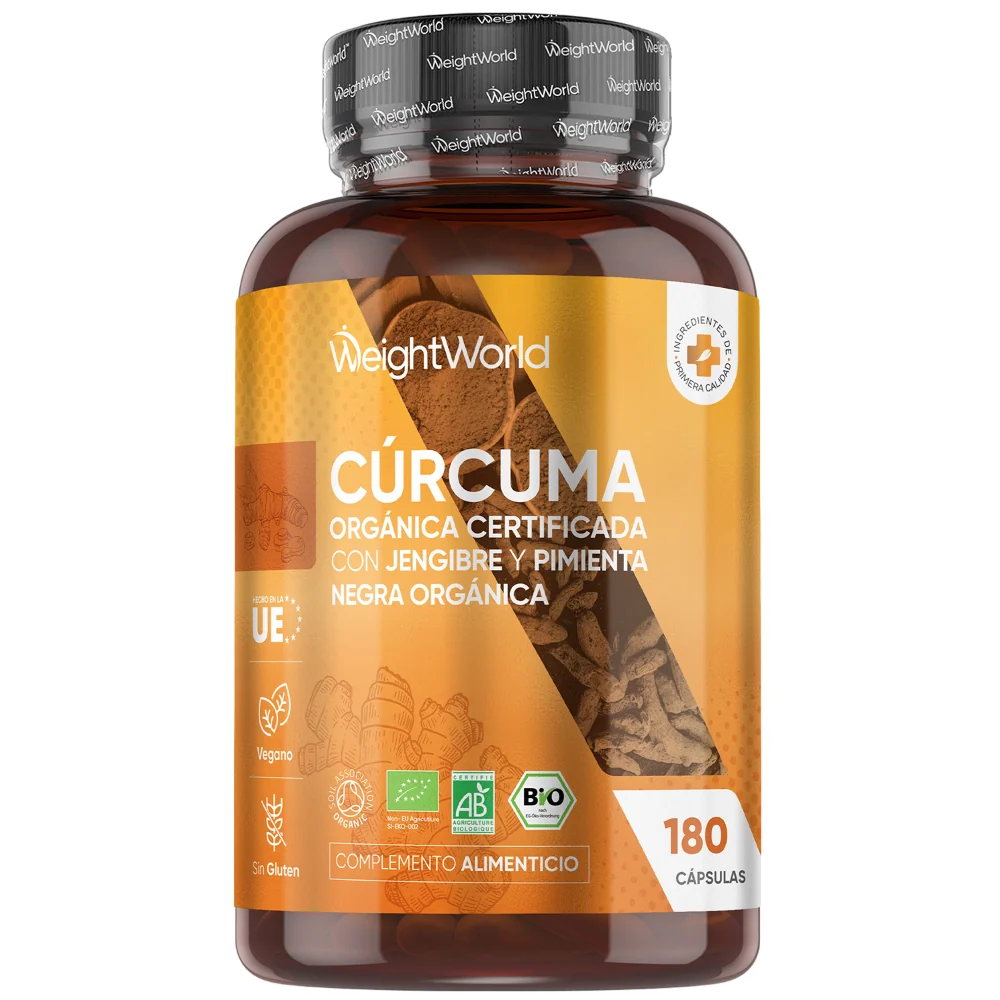 Cúrcuma con Jengibre y Pimienta Negra Orgánica 1520mg, 180 Cápsulas - Fuente Natural de Curcumina y Piperina para 3 Meses de Suministro, Vegano, Sin OGM ni Gluten, Con Certificación Orgánica WeightWorld