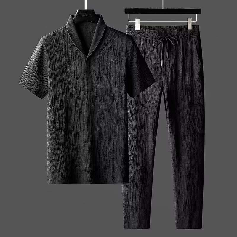 TK Camiseta De Seda Para Hombre Nuevo Verano Alta Gama Corta Casual Deportiva Con V-cuello Media-Sentada Conjunto Con Pantalones