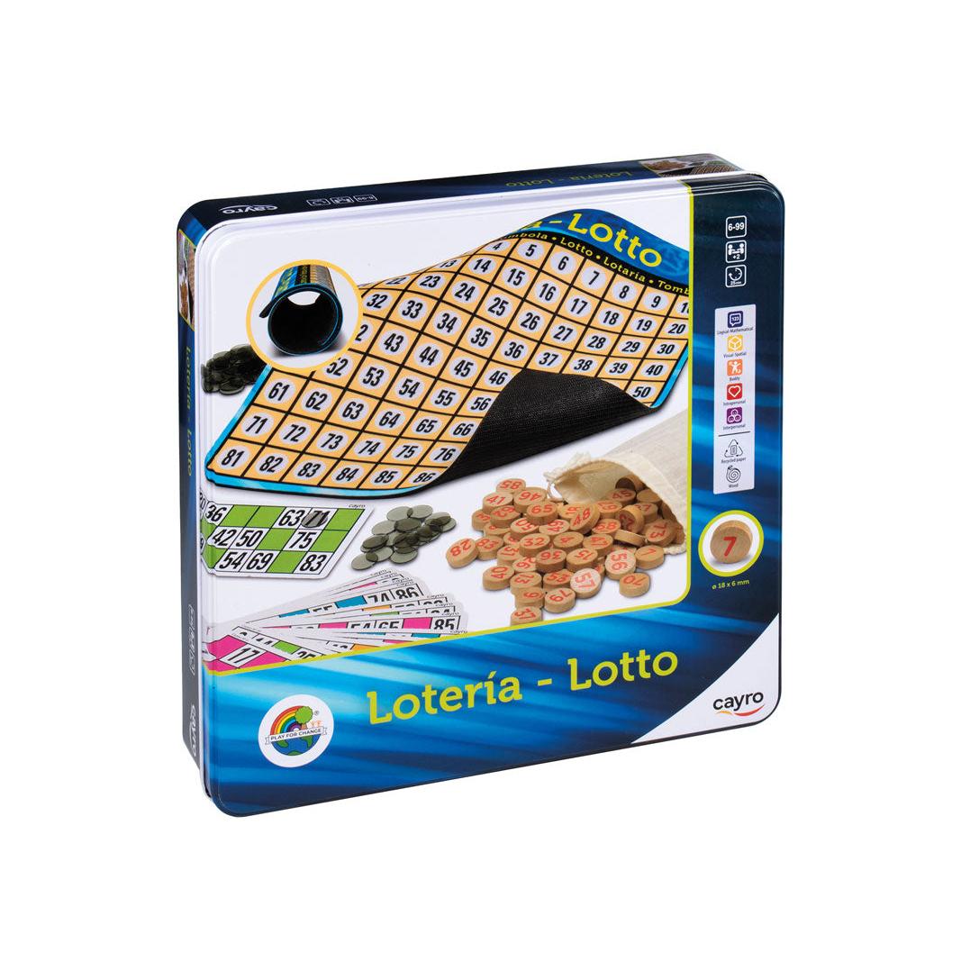 Cayro Lotería Metal Box 100% FSC Wood - Traditional Eco-Friendly Game in Premium Metal Case, includes durable wooden tokens for 2-6 players, perfect for family entertainment and educational fun, supporting sustainable practices.