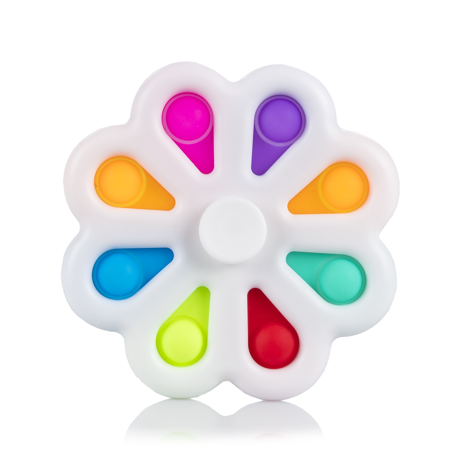 DAM. Exlusive Bubble Pop It y Spinner, juguete sensitivo desestresante, burbujas de silicona para apretar y pulsar. Diseño flor con pétalos interactivos y spinner central. 8,8x1,5x8,8cm