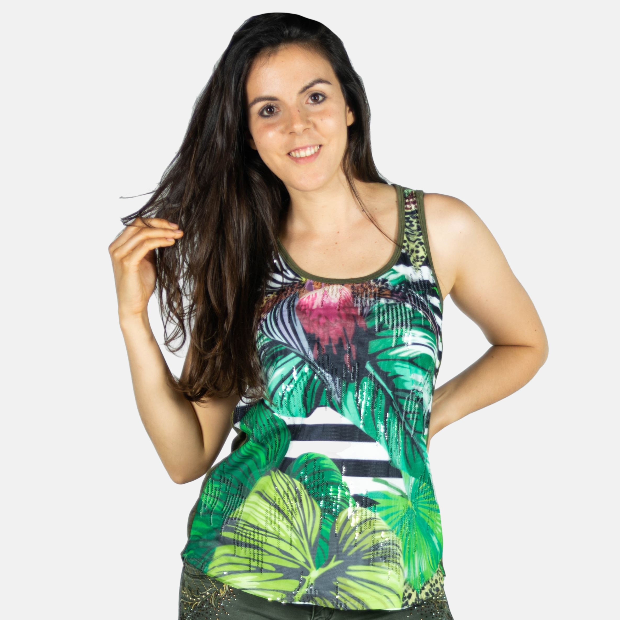 Koroshi - Top tirantes corte nadadora con lentejuelas y estampado tropical para mujer, 100% poliéster ligero y fresco, ideal para primavera-verano