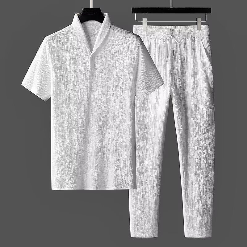 TK Camiseta De Seda Para Hombre Nuevo Verano Alta Gama Corta Casual Deportiva Con V-cuello Media-Sentada Conjunto Con Pantalones