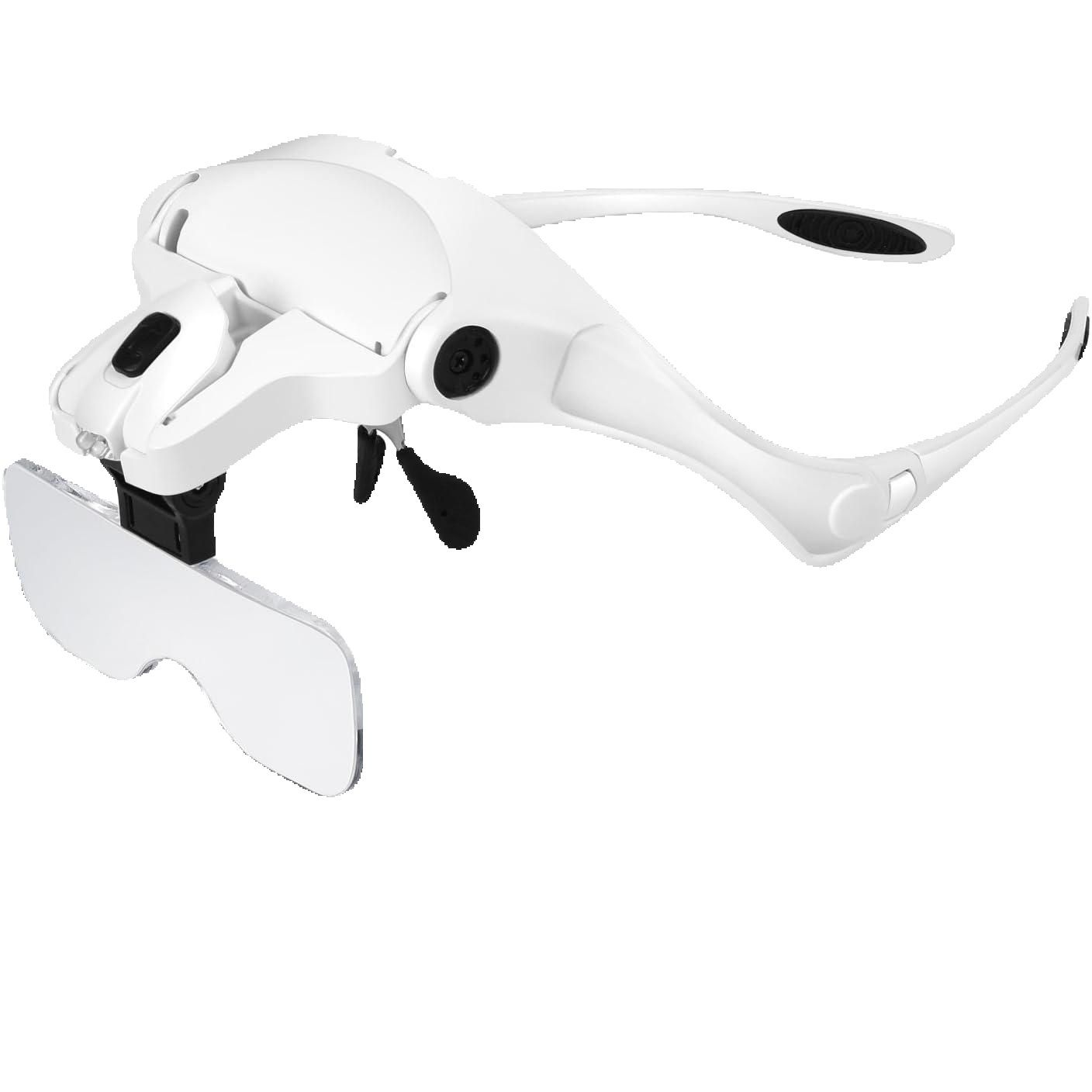 OmHome Lupa con Luz 2 Led - RIGHTWELL Gafas Lupa de Aumento para Leer, Lentes de Aumento Lectura, Reparaciones, Coser, Joyería y Relojería, Modelismo - 5 Lentes 1.0X-3.5X Ajustable