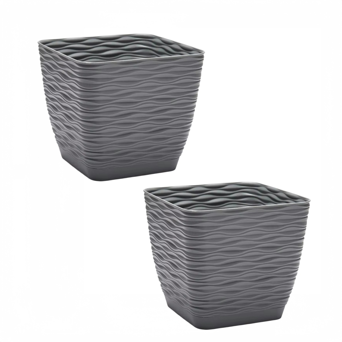 ZYLX SHOPPING - Pack 2 Macetas Cuadradas con Relieve de Ondas y Plato - 3 Tamaños (15/17/19cm) y 3 Colores, Diseño Moderno para Interior y Exterior