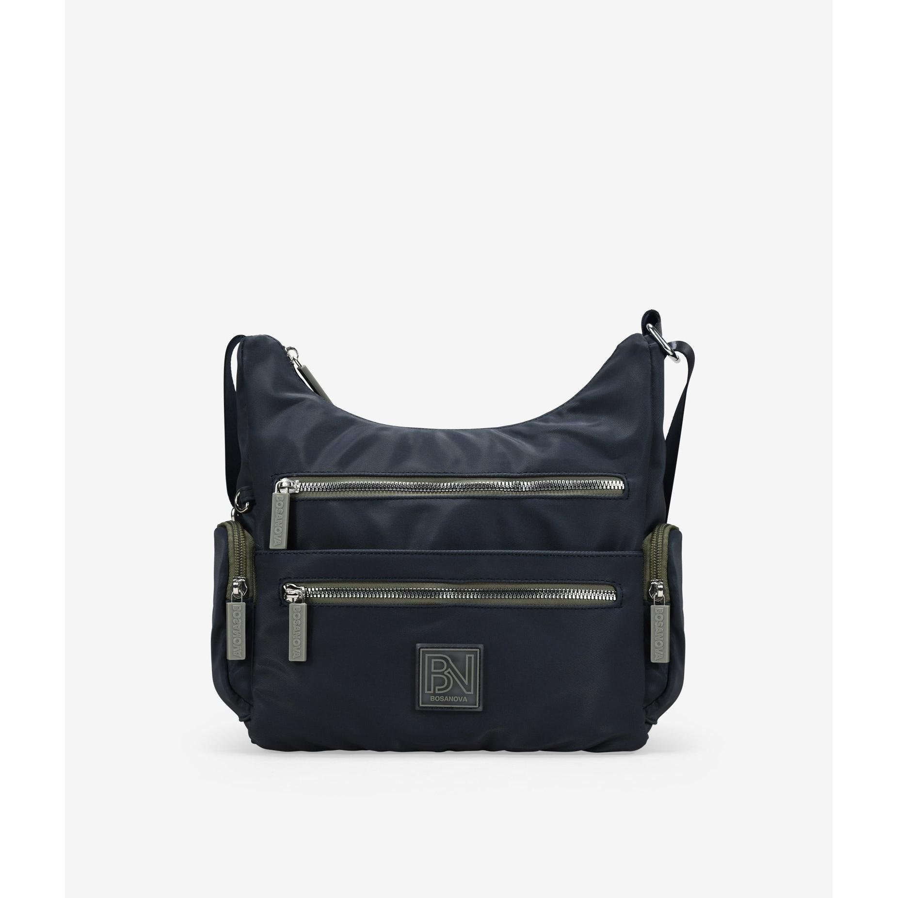 Bosanova Bolso bandolera para mujer con dos bolsillos frontales y dos laterales con cremalleras. Asa de algodón de cruzar y cierre con cremallera.