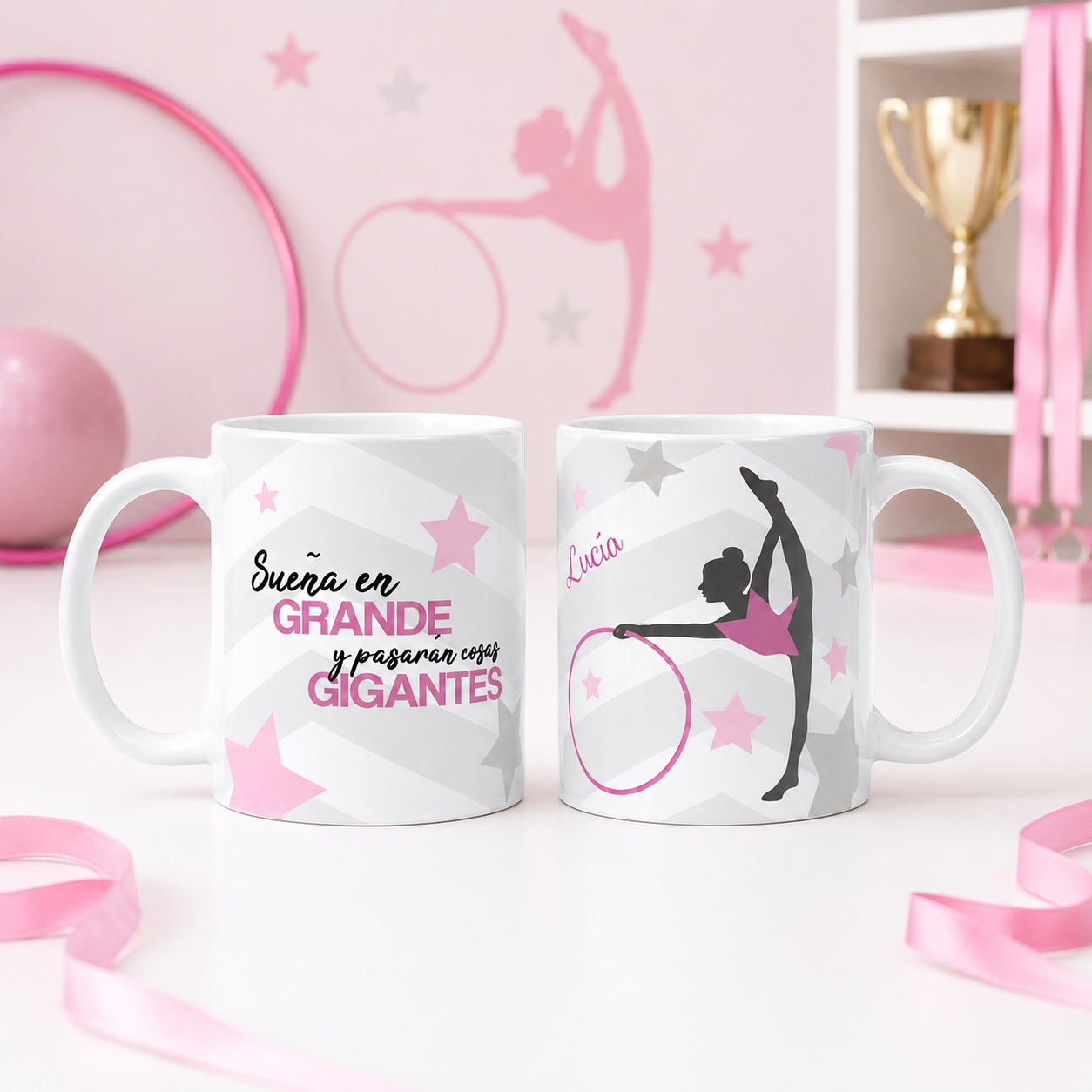 Taza Gimnasia Rítmica Aro Personalizada con Nombre Sueña en Grande Rosa o Morada Gimnasta Regalo Niña Competición 330 ml Enna Blues Designs