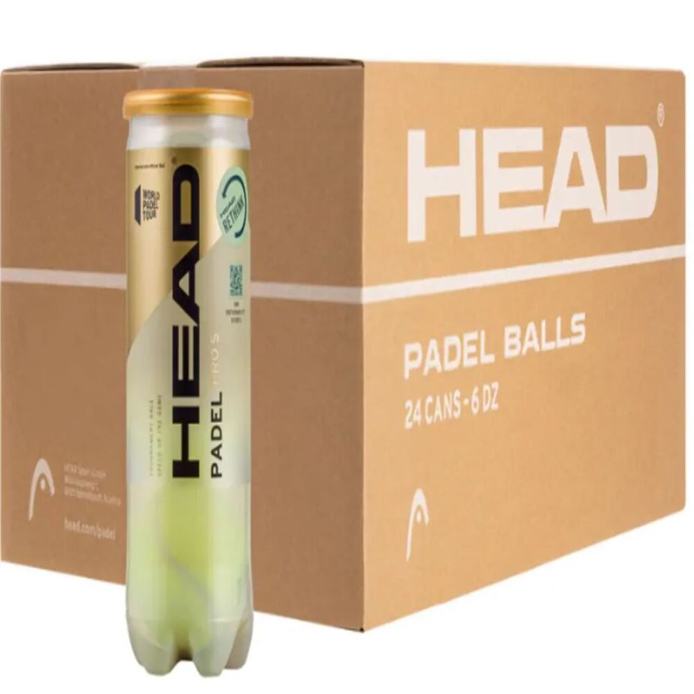 Cajón de Pelotas de Pádel Head Padel Pro S . 24 Botes de 3 Pelotas. 72 pelotas de padel. La Pelota oficial del circuito Word Padel Tour. HEAD PADEL LANZA NUEVOS TUBOS DE PELOTA RECICLABLES PARA SEGUIR PROTEGIENDO EL MEDIO AMBIENTE. REFERENCIA 575713.