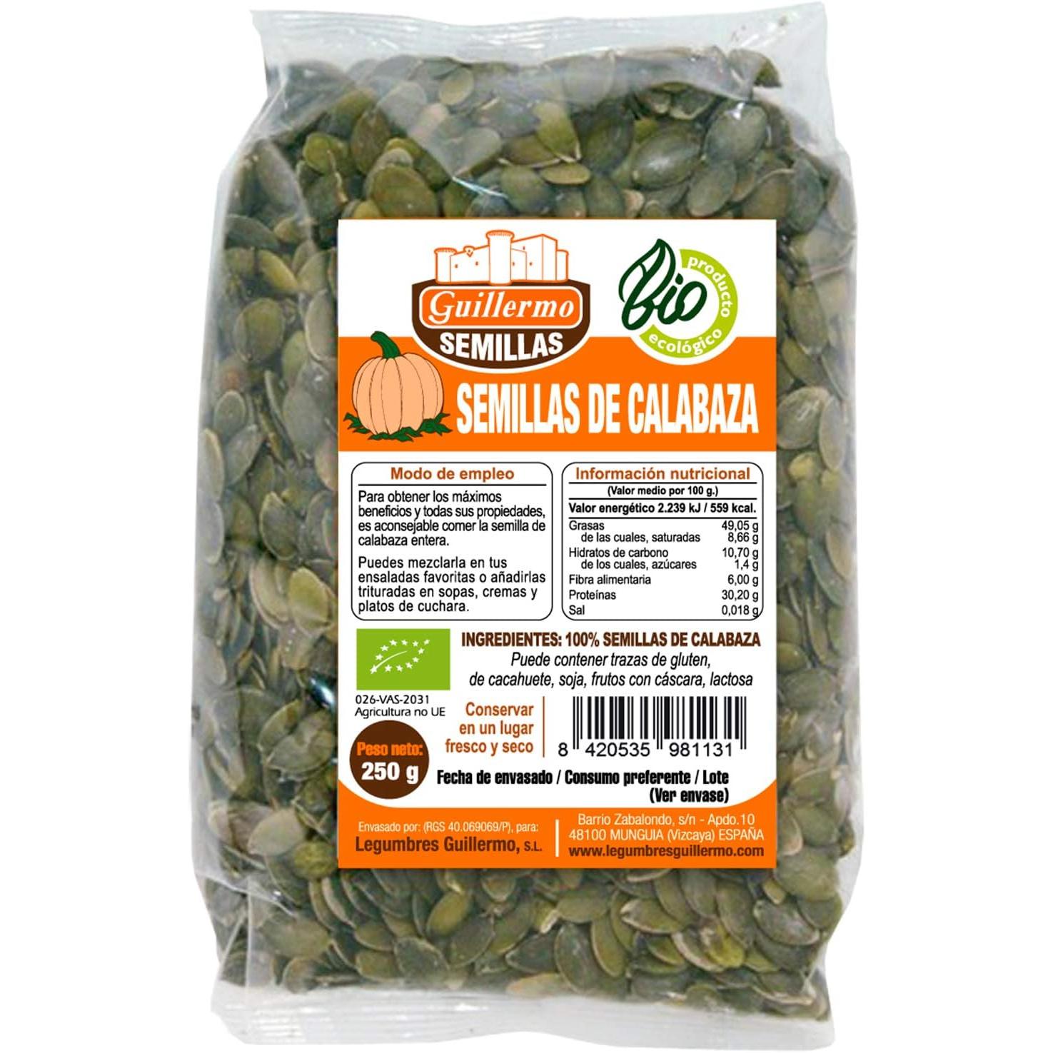 Legumbres Guillermo | Pipas de calabaza BIO - Paquete 250 g. | 100% ecológicas | Semillas de calabaza | Superalimento | Gran cantidad de minerales