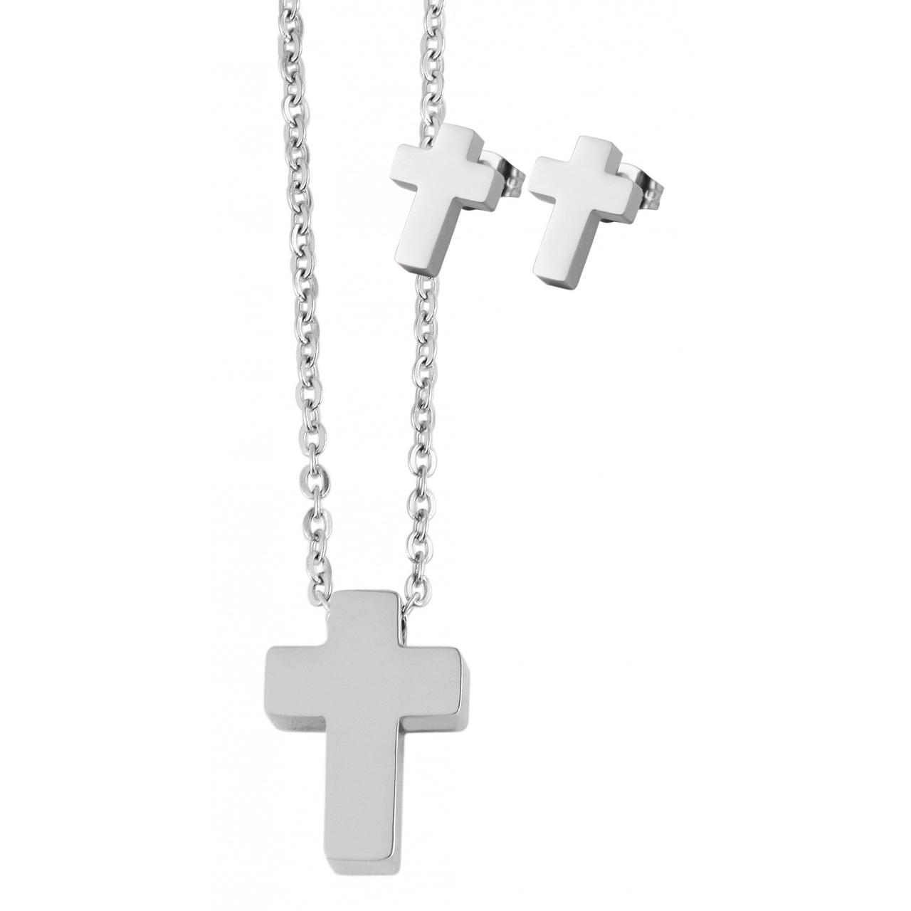 Akzent® Conjunto Collar e Pendientes Cruz em Aço Inoxidável