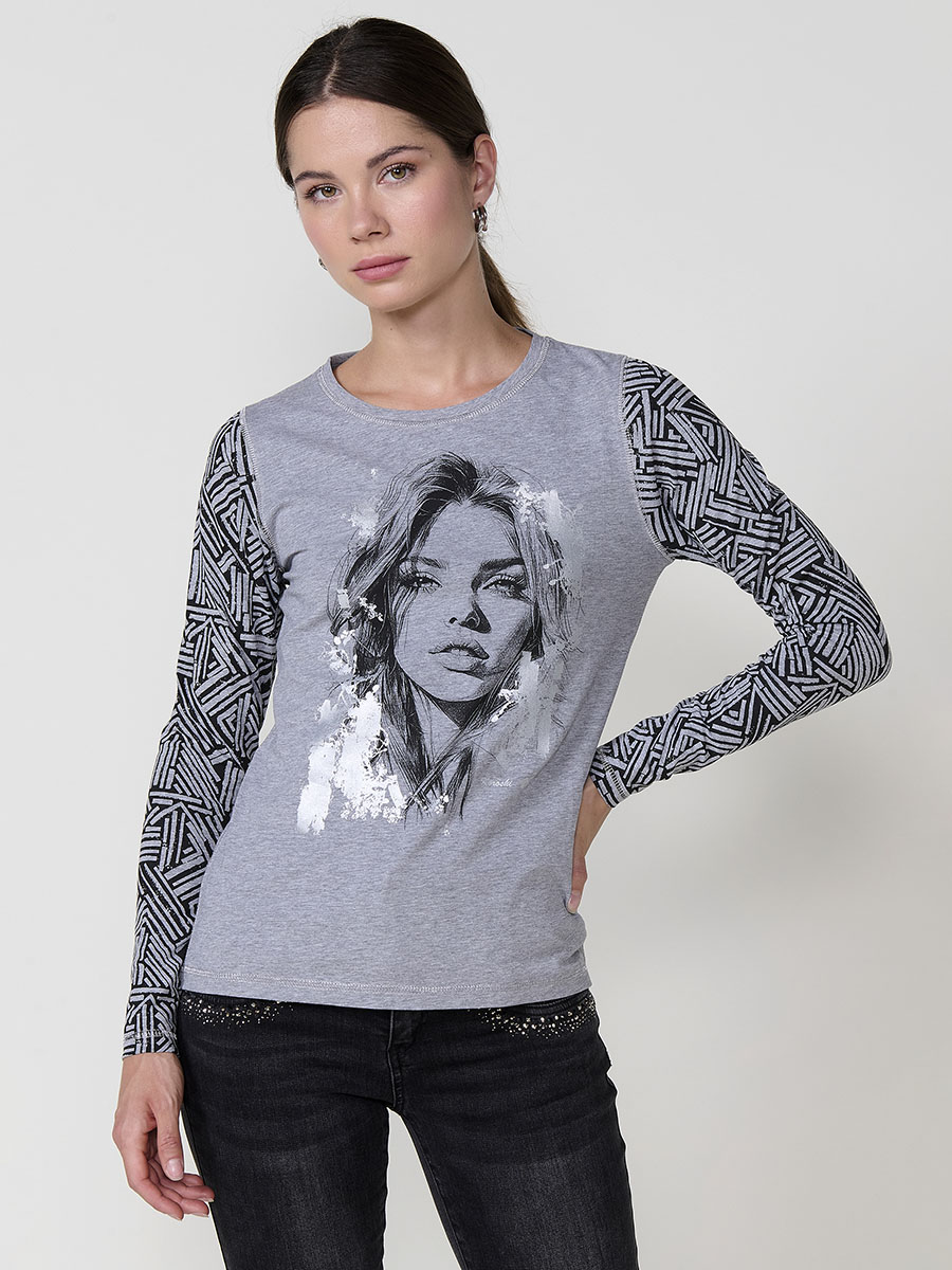 Koroshi - Camiseta manga larga melange estampada con diseño foil frontal y costuras metalizadas para mujer, cómoda y elástica con poliéster, viscosa y elastano