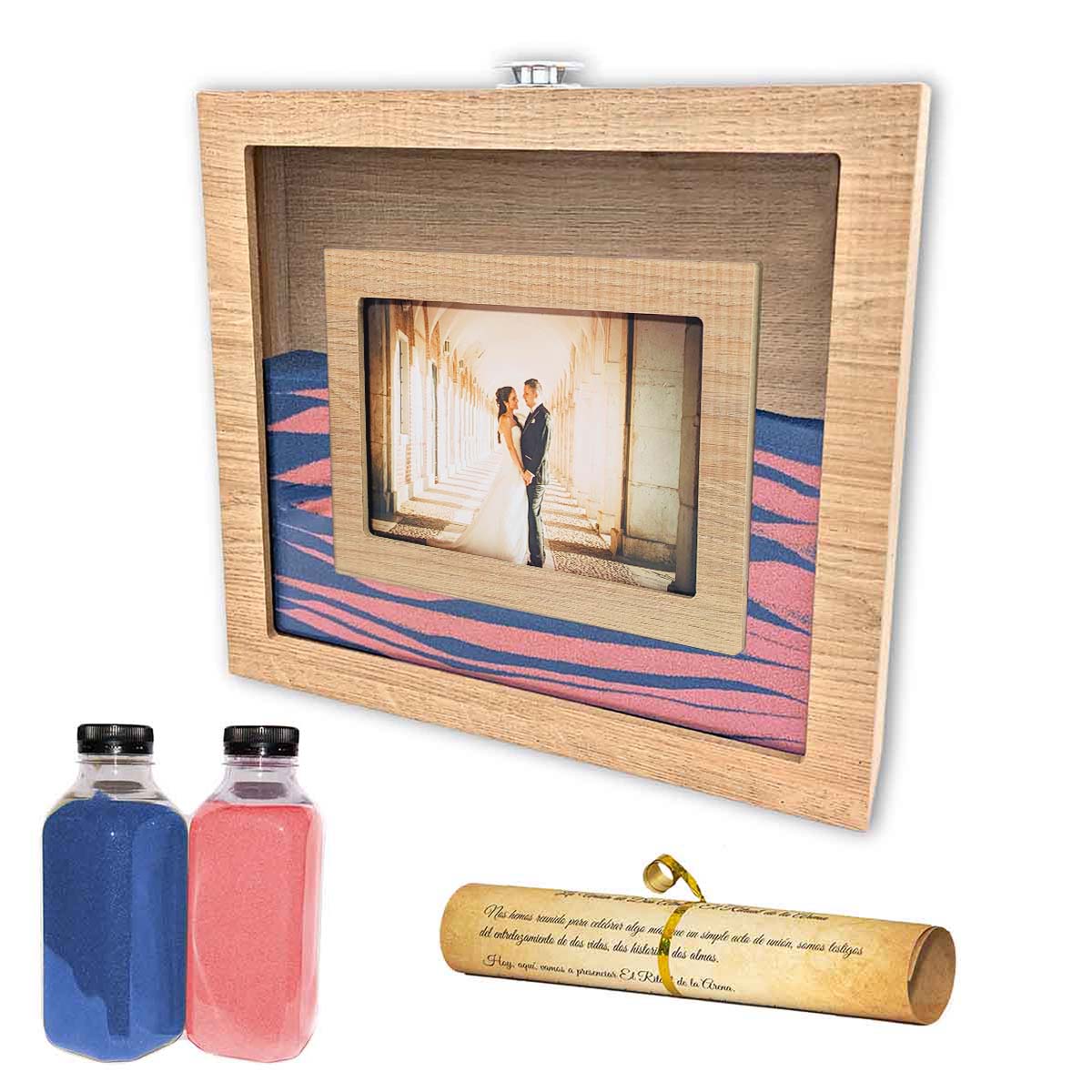 NIRALIS Ritual de la arena Roble con arena Azul y Rosa. Marco para la ceremonia de la arena en bodas- Kit completo para el Ritual de la arena en marco color roble con 2 colores de arena y pergamino incluido para que no tengas que preocuparte de nada.