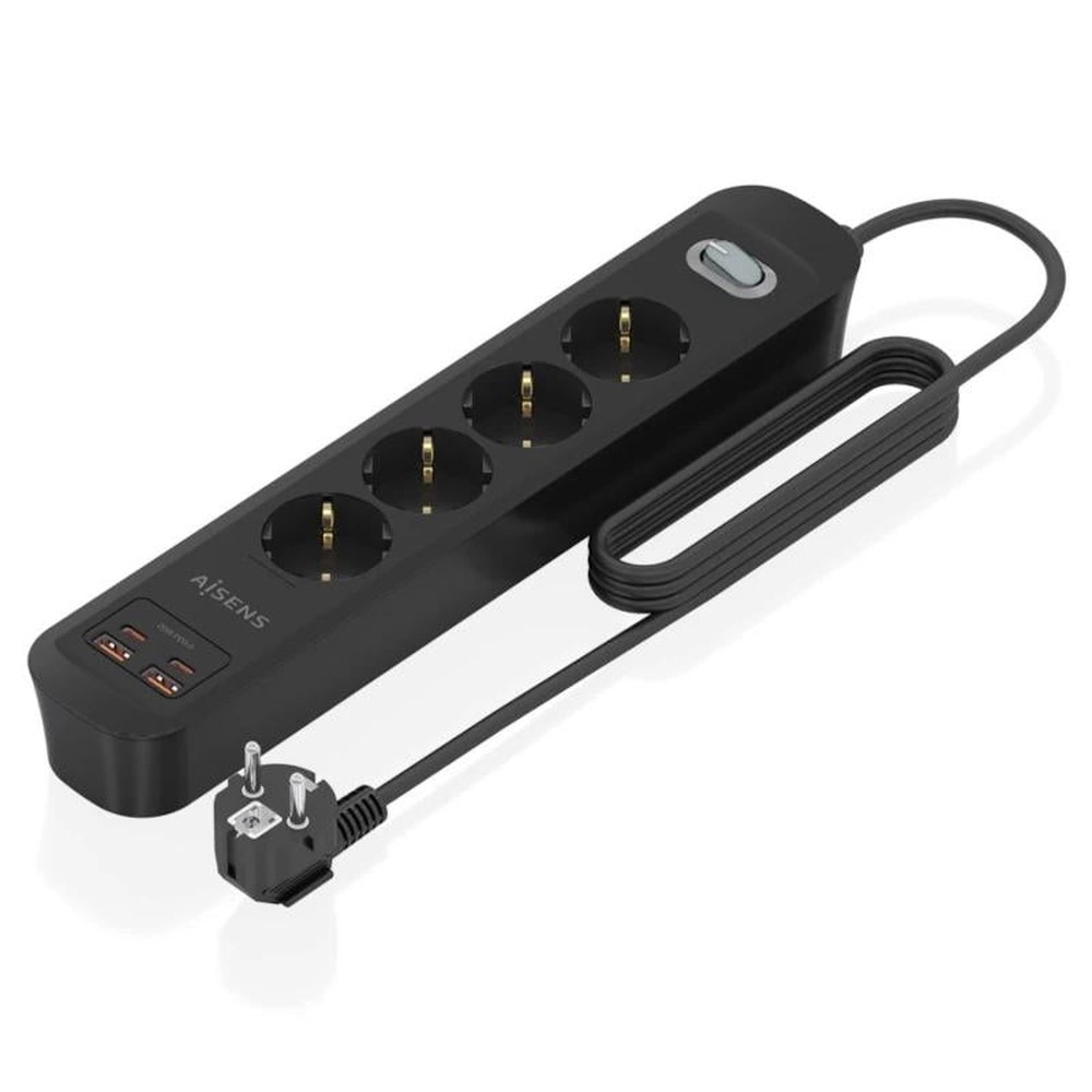 Aisens ASPS-2A2C13-BK Plug Extension with 4 Schuko Sockets, 2 USB-C and 2 USB-A Ports, 3680W Maximum Power, 1.4m Fireproof Cable, Surge Protection, and AI Charging Technology for Optimal Speed
