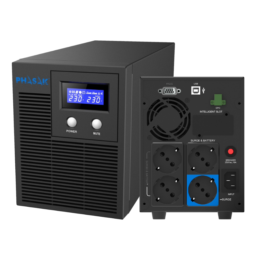 SAI Torre Phasak Protekt 2160VA Interactivo Onda Senoidal Pura con AVR – LCD, USB HID, RS-232, Protección RJ45, EPO y Slot SNMP – PH 7621
