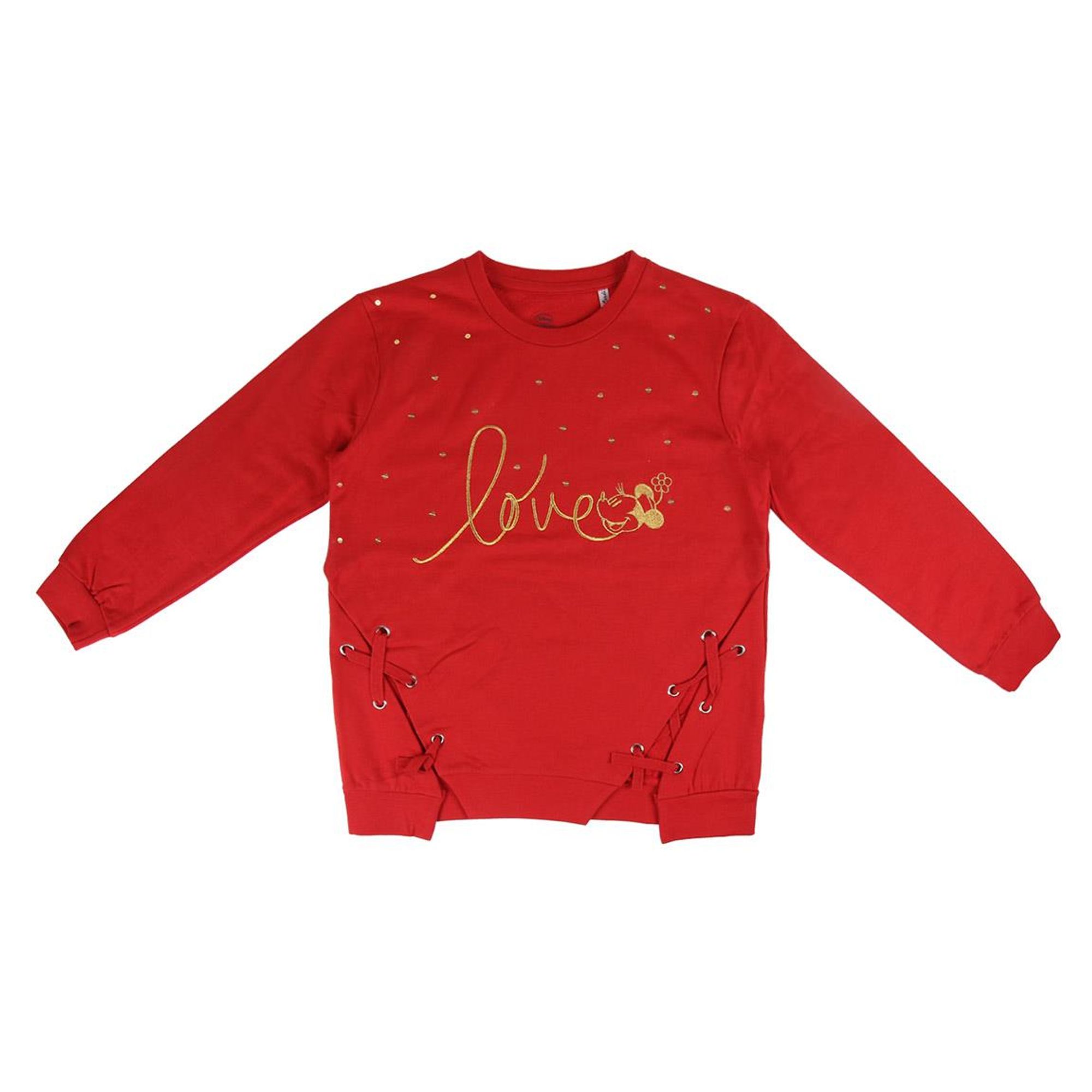 Sudadera sin Capucha Disney Minnie para Niña, Sudadera Roja con Detalle de Lazos y Estampado Love, Tejido Suave y Agradable al Tacto, Ideal para Uso Diario