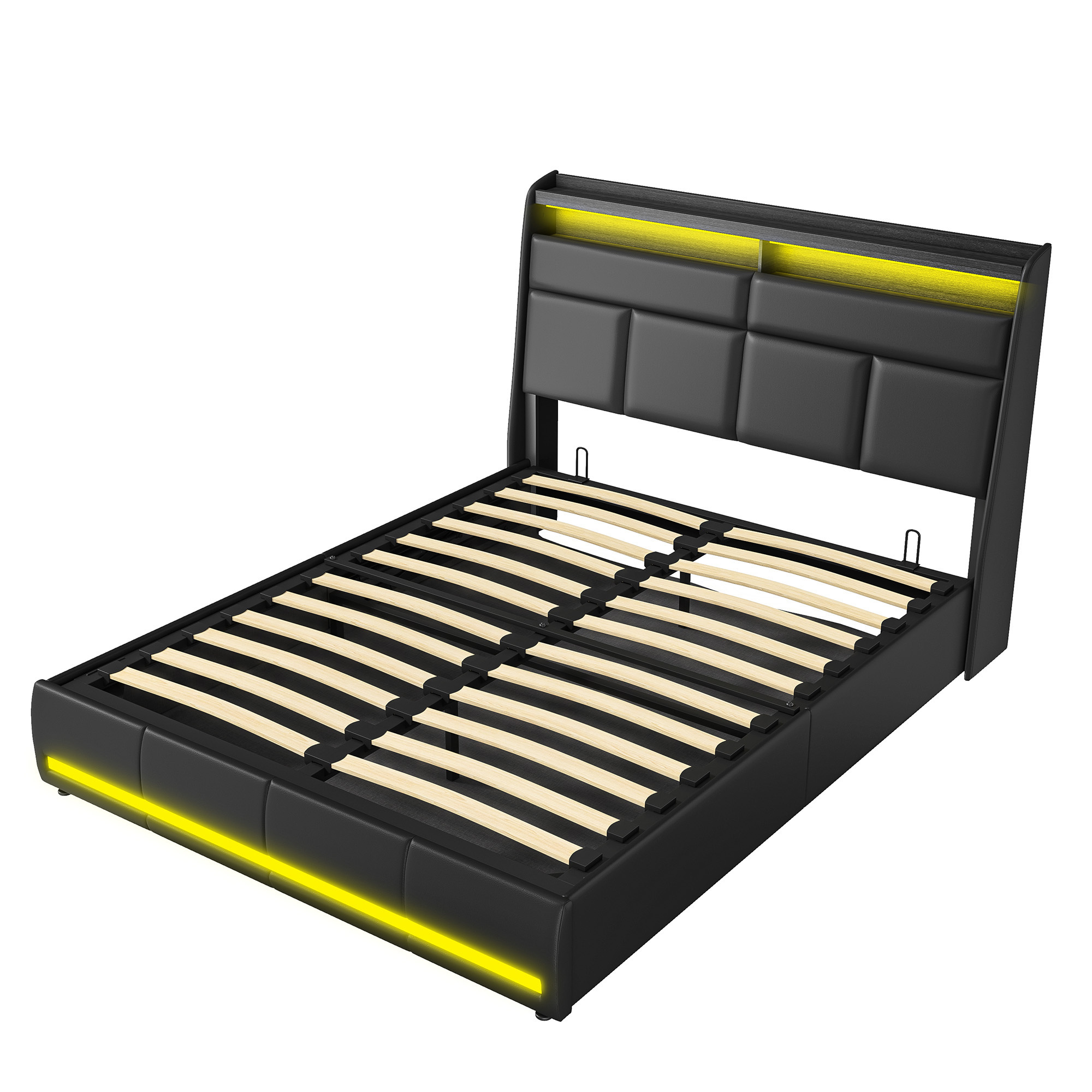 Superaly PU Upholstered Bed with LED Lighting and Bed Box, Double Bed 140x200cm/160x200cm, Hydraulic Storage Bed Frame, Headboard and Slatted Frame, for Adults Youth