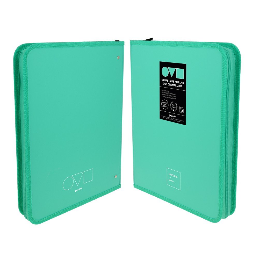 GRAFOPLAS CARPETA A4+ C/ CREMALLERA 4 ANILLAS 25MM UNEQEUAL VERDE AGU UNEQUAL MINIMAL 38x263x353 Cms.
