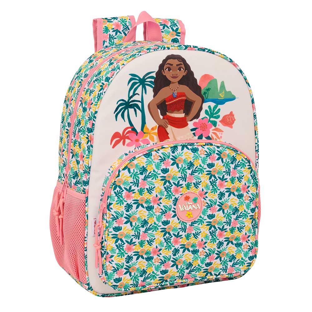 SAFTA | Mochilas Escolares Infantiles Vaiana Adaptables a Carro Hombreras Ergonómicas y Acolchadas, Doble Tirador en Cremallera, Bolsillo Frontal Grande y Laterales Portabotellas, Rosa Floral, 1?