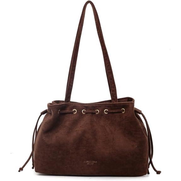 Bolso de gamuza retro tipo bucket casual para viajes universidad bandolera con cordón bolso de mano para mujeres con correas de hombro tipo tote