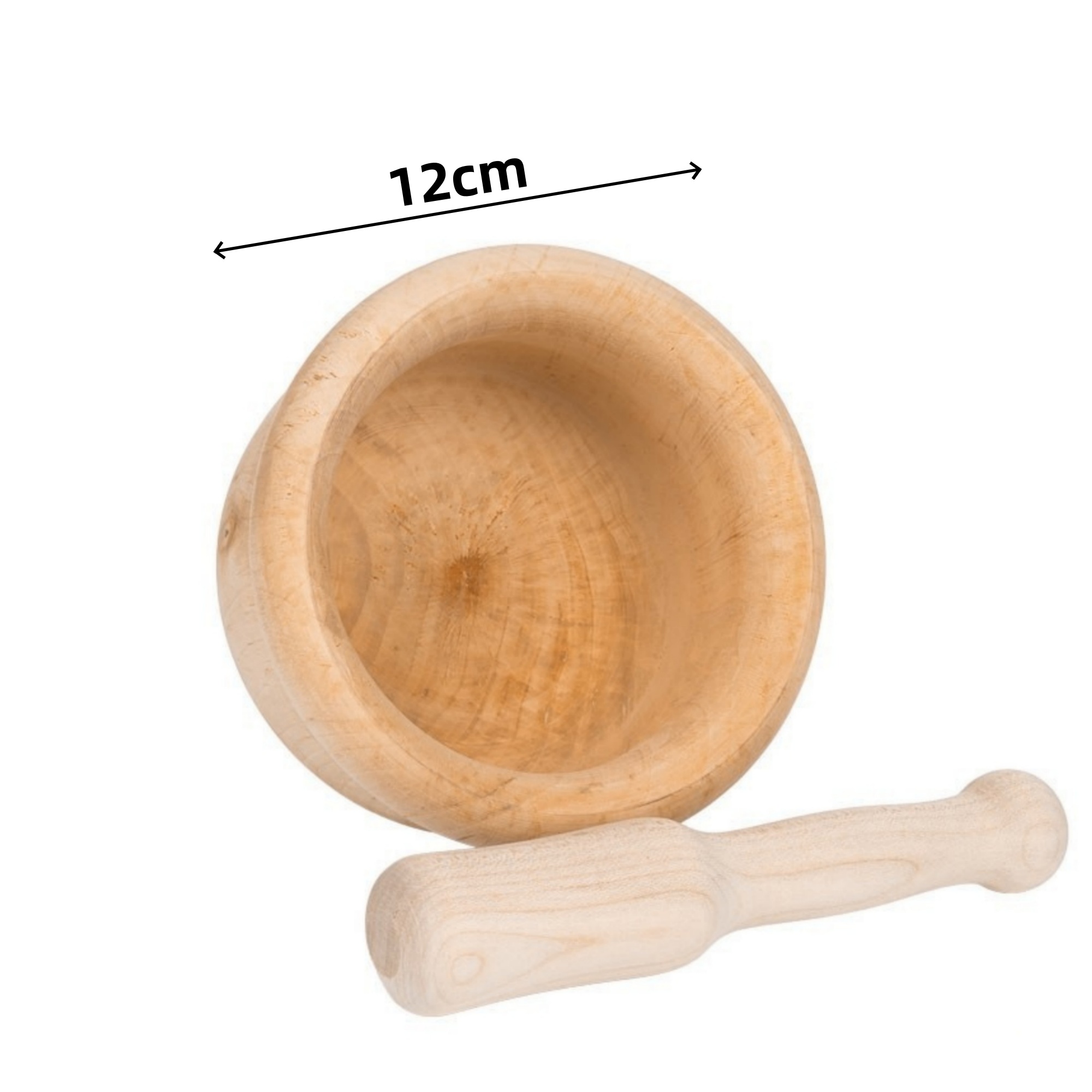 TopRed | Mortero de madera natural con mano de mortero, 3 tamaños 12/14/16 cm, molinillo para ajo, hierbas aromáticas, especias y pesto, utensilio de cocina tradicional