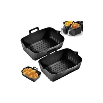 OmHO Sollbry - Juego de 2 ollas de silicona con asa para freidora de aire, revestimiento reutilizable, cesta de silicona resistente al calor, bandeja rectangular para hornear y accesorios para freidora de aire