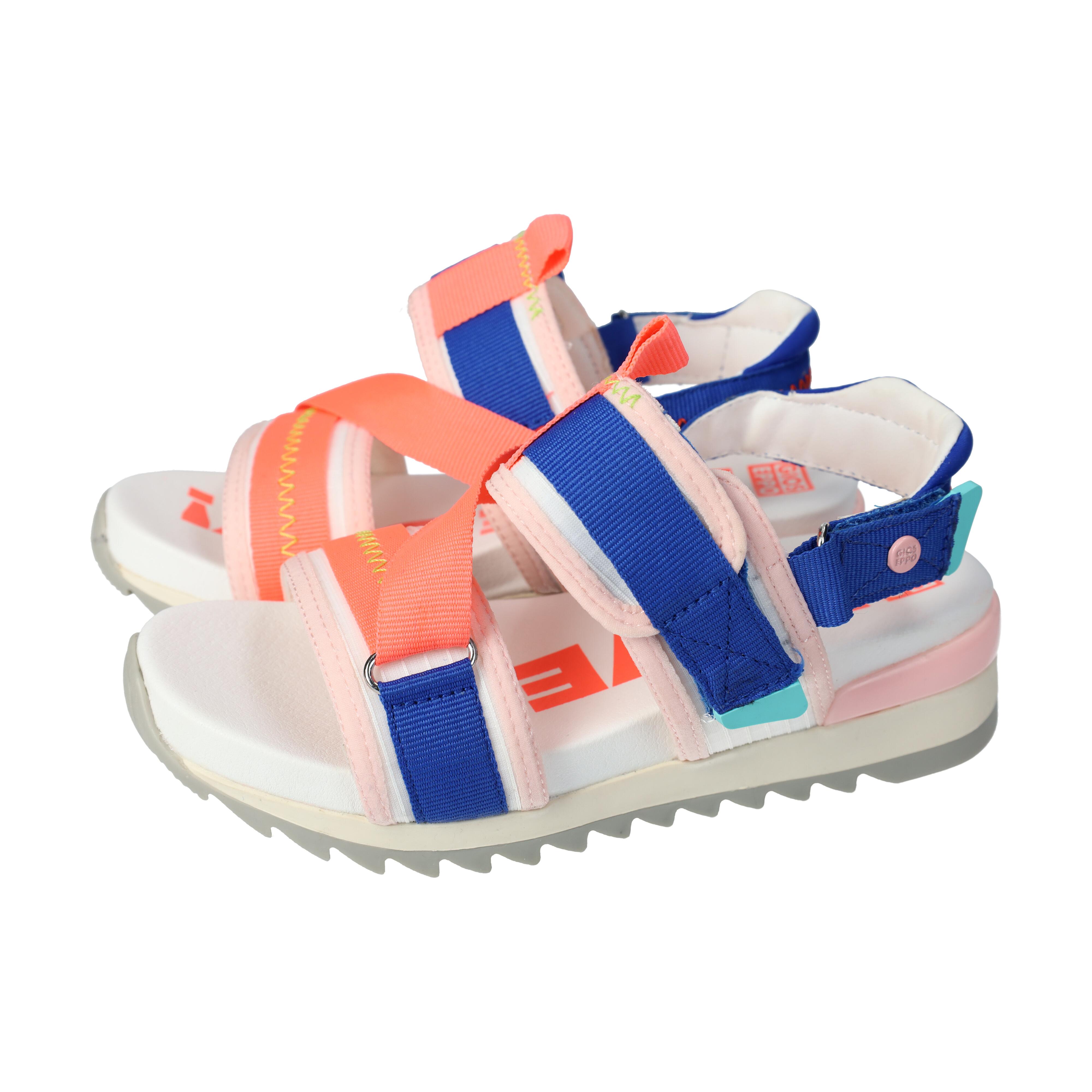Sandalias marca GIOSEPPO para niña en color blanco. Sandalias de niñas, estilo deportivas en color blanco con rosa neón y azul, tiras ajustables y cinta textil adhesiva , cómodas y ligeras