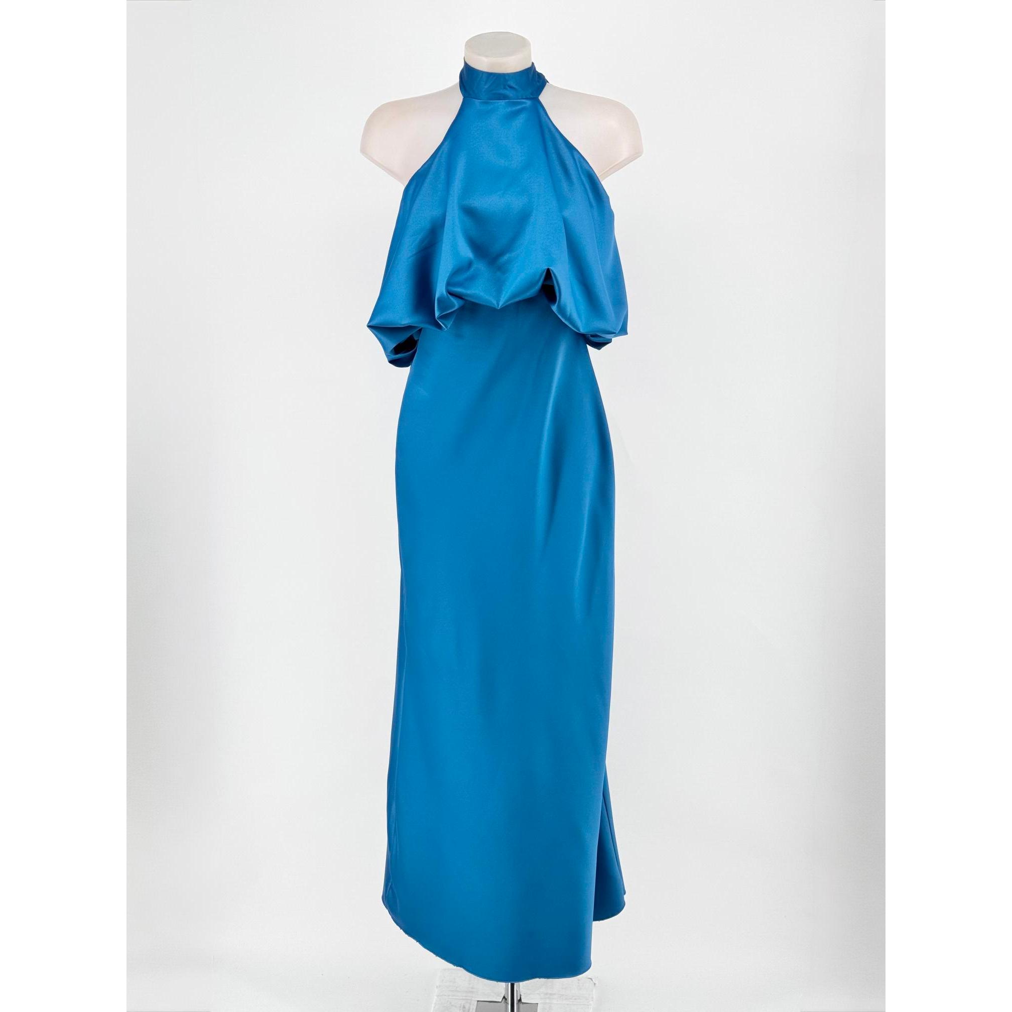 Vestido Largo Satinado Cuello Halter y Espalda Descubierta con Lazada | Elegante Vestido de Fiesta y Eventos Talla Única (34-40)