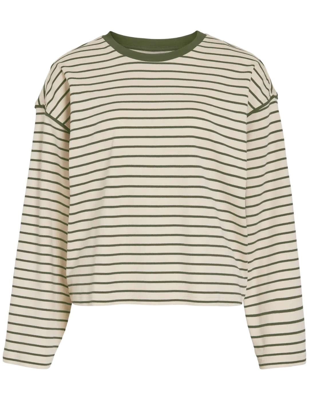 Camiseta Vila Sinny beige rayas verde oversize para mujer