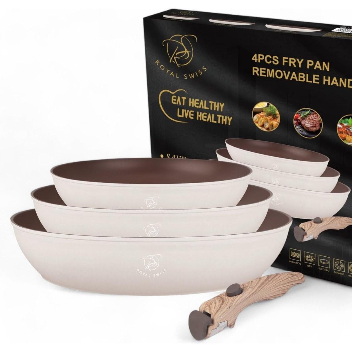 Royal Swiss Set de Cacerolas 4 Piezas con Mango Extraíble | Revestimiento Mármol Antiadherente Non-PFAS | Apto Inducción y Todas las Cocinas | Color Negro