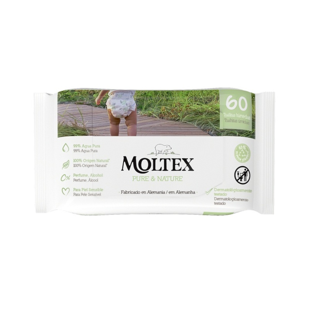 Toallitas Moltex Pure & Nature - 60 uds - 100% origen vegetal - 99% de agua - 63% menos de plástico - Sin perfume ni alcohol.