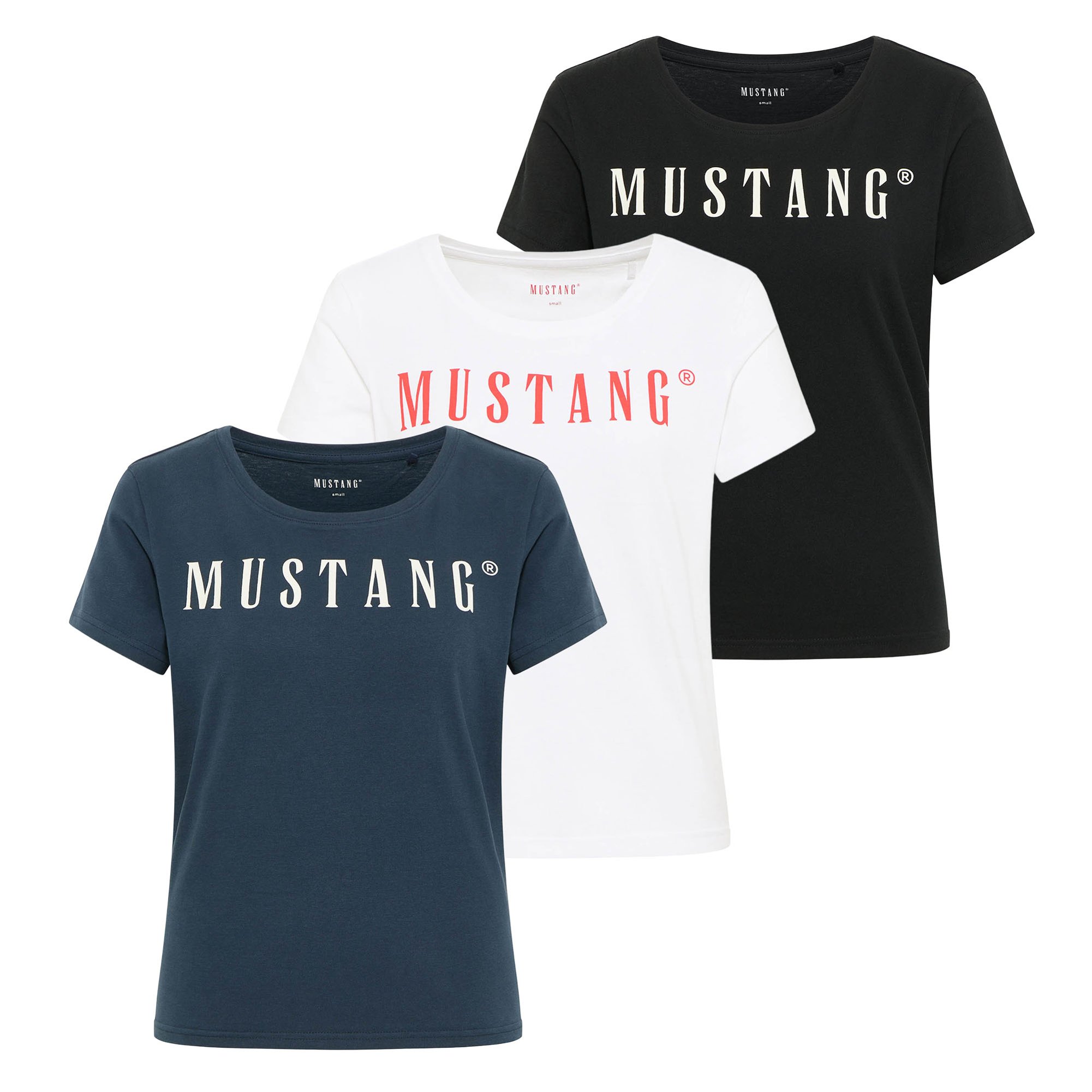 Camiseta Mustang para mujer paquete de 3- Alma, algodón, cuello redondo, logotipo Style Alma 3P