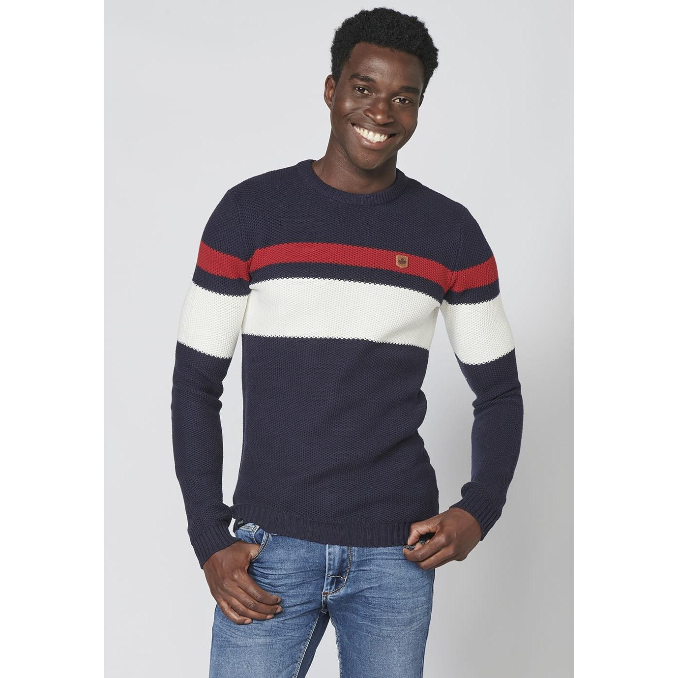 Koroshi - Jersey de algodón 100 % a rayas con cuello redondo y acabados en rib para hombre, estilo marinero entretiempo – 2221TR15