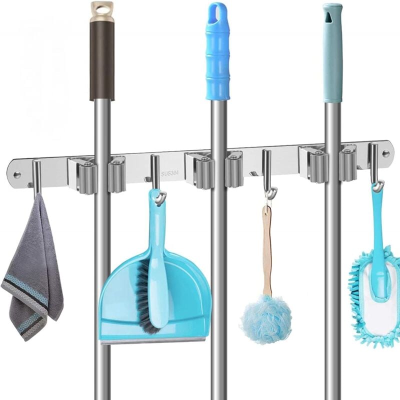 Soporte para Escobas de Pared 304, Soporte con 3 Ranuras y 4 Ganchos, Acero Inoxidable, sin Taladrar, para jardín y baño