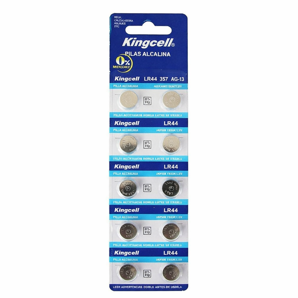 Kingcell - Pilas botón alcalinas LR44 AG13 357 1.5V pack 10 unidades sin mercurio para calculadoras juguetes mandos y relojes