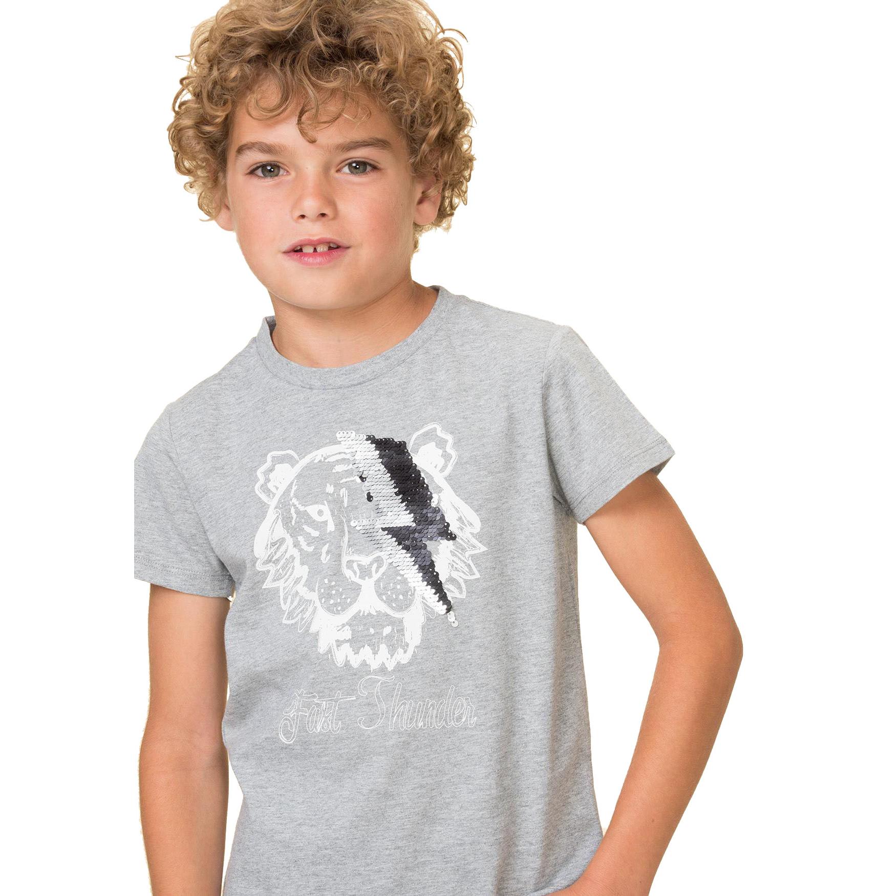 Camiseta Niño de verano manga corta Petit Alo 100% Algodón Gris con detalle de lentejuelas reversibles en forma de rayo