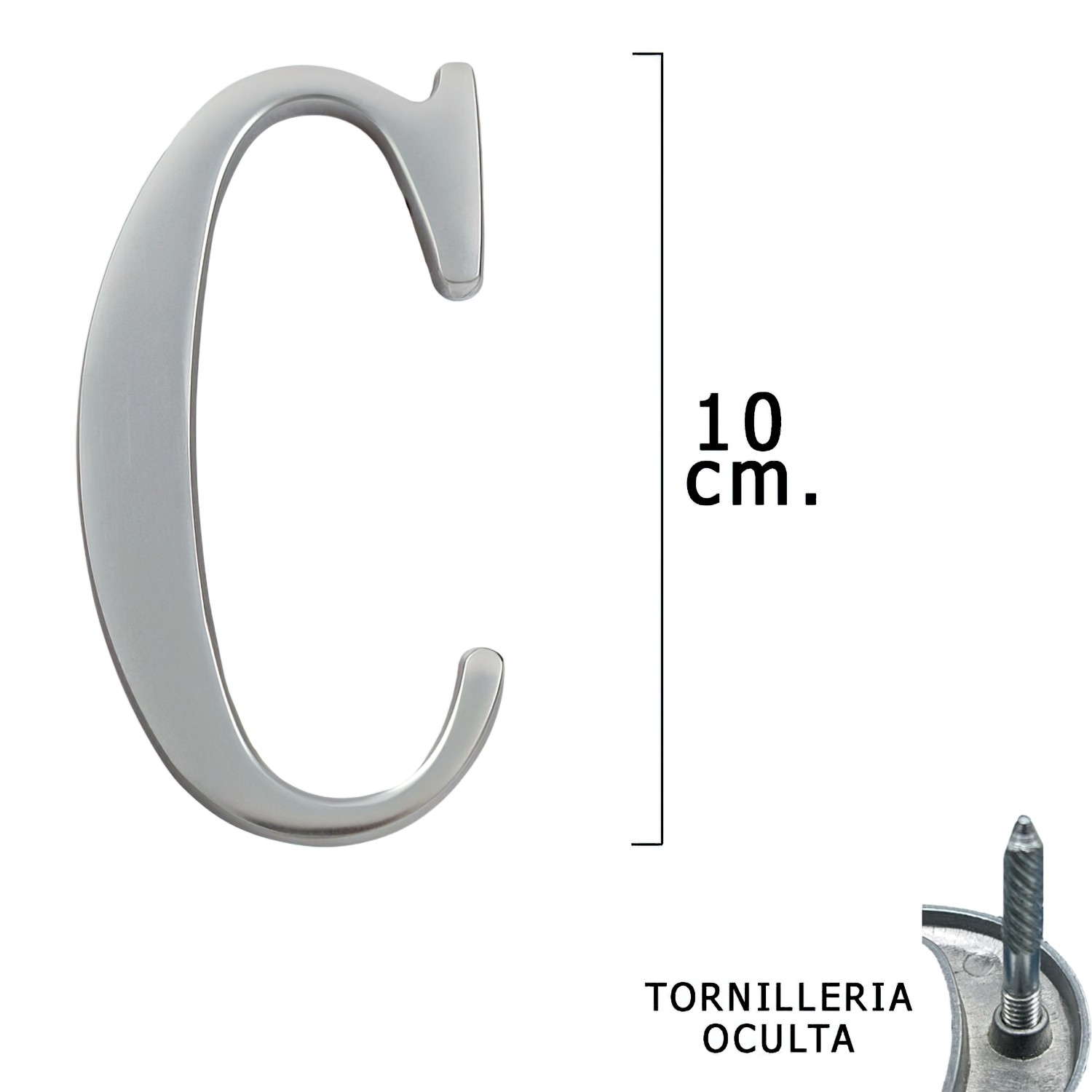 SANCO STORE - WOLFPACK LINEA PROFESIONAL Letra Metal "C" Plateada Mate 10 cm. con Tornilleria Oculta (Blister 1 Pieza)